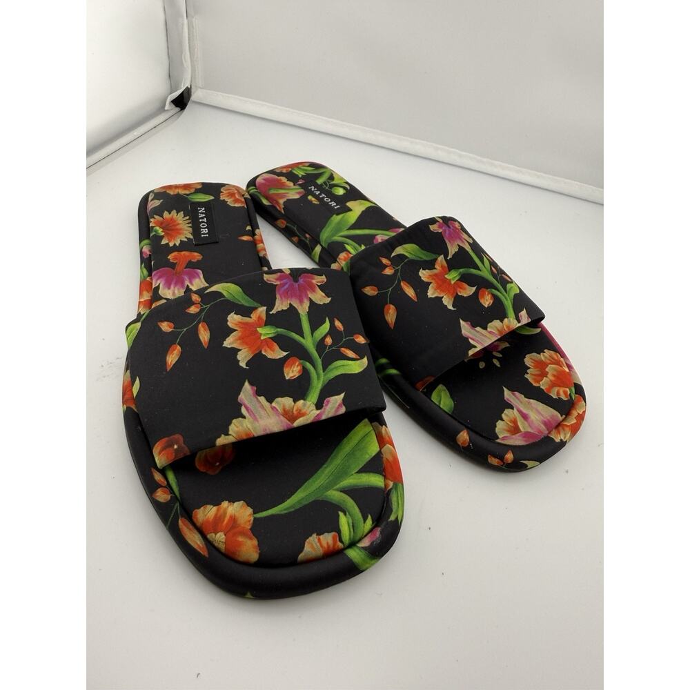 Natori Radial Chikayo Satin Slide Sandal Women's Black/Multi Size US6M EU36.5